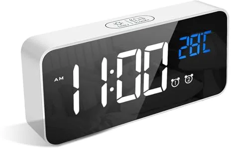 LATEC Reloj Despertador, LED Pantalla Reloj Despertador Digital con Espejo, Doble Alarma, Temperatura, Puerto de Carga USB, 10 Música, 4 Brillo Ajustable, 12/24H(Blanco)