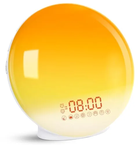 Cadrim Wake Up Light Despertador Luz Despertador Simulación de Amanecer y Atardecer con 7 Luces de Colores, Función Snooze, 8 Sonidos Naturales, Radio FM, 20 Niveles de Brillo