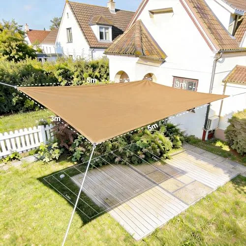 HAIKUS Toldo Vela Rectangular 3x5 m, Vela de Sombra 5x3 m HDPE, Transpirable, Resistente, 98% Protección Rayos UV para Exterior, Jardín, Terrazas (Arena)