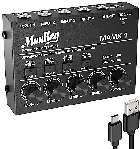 Mezclador estéreo de audio de estudio Moukey, 4 canales para discotecas, bares, escenarios, mesas de mezclas, guitarras, bajos y teclados, MAMX1