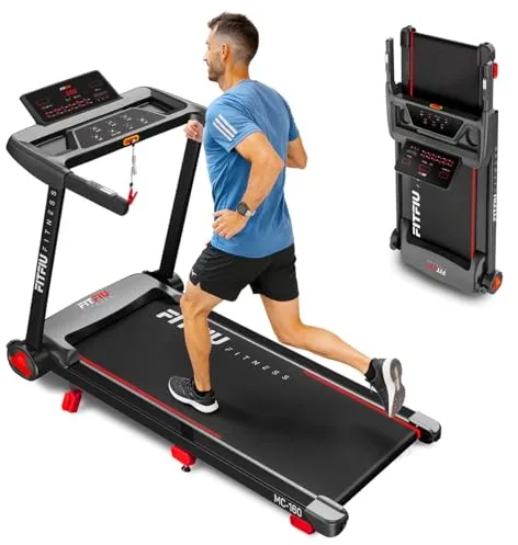 Cinta de Correr Plegable con Inclinación 9% FITFIU Fitness 4 en 1 Velocidad Ajustable 14 Km/h con Conectividad App y Frecuencia Cardíaca Soporte para Tablet Walking Pad Compacta MC-160