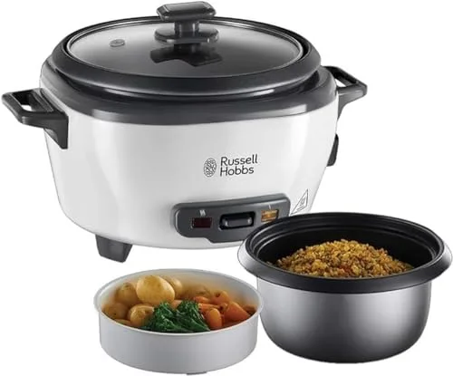 Russell Hobbs Arrocera, 6 raciones, mediana, función mantenimiento del calor, apagado automático, antiadherente, cestillo para cocer al vapor, apta para lavavajillas, 300 W, 27030-56
