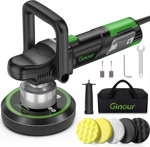 Ginour Pulidora Coche, Pulidora Orbital 900W, Máquina de Pulir 6400 RPM, 6 Velocidades Variables, Máquina Pulidora D-Mango Desmontable/Mango Lateral, 5 Discos de Espuma, Pulir y Encerar Automóviles