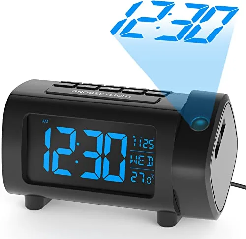 LIORQUE Radio Despertador Proyector, Reloj Despertador Digital con Gran VA Pantalla, Radio Reloj FM, C°/F°, 12/24 H, DST, 4 Niveles de Brillos, USB, Despertador Digital 180° con Función de Memoria