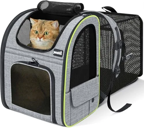 Pecute Mochila Gato＜6kg Mochilas para Gatos y Perro Transportin Gato Expandible y Plegable para Viajar en Tren/automóvil/Restaurante, Gris (Ventana de Malla)