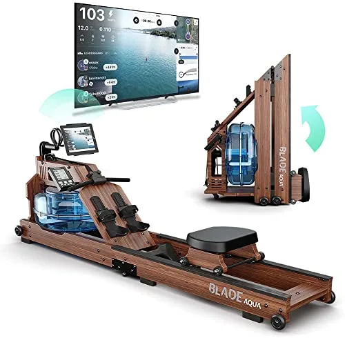 Bluefin Fitness Máquina de Remo Blade Aqua W-1, Madera y Agua / Fresno Americano / Equipo de Gimnasia en Casa Plegable / Consola LCD + Monitor de Ritmo Cardiaco / App Kinomap, negro/marrón