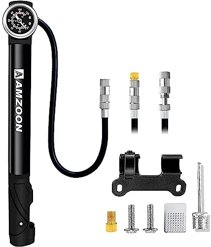 AMZOON Bomba de Aire para Bicicleta con Manómetro y Manguera extendida, Mini Bomba de Bicicleta Adecuada para Válvulas Schrader y Presta