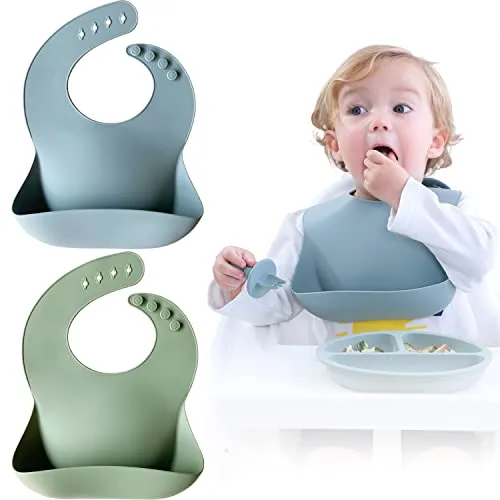 Moonkie Baberos Bebe (2 PCS), Baberos Bebe Impermeables, Babero Silicona Bebe, Sin BPA, Suaves y Cómodos, Tamaños Ajustables, Babero para Bebés y Niños(Azul claro/Verde grisáceo)