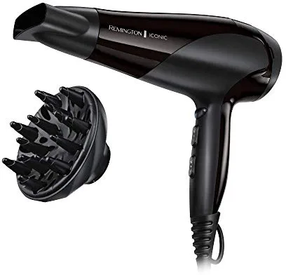 Remington Secador de Pelo Ionic Dry 2200, Iónico, Cabello Sin Encrespamiento, 2200 W, Concentrador y Difusor, 3 Temperaturas, 2 Velocidades, Rejilla Trasera Desmontable, Gancho Para Colgar, D3198