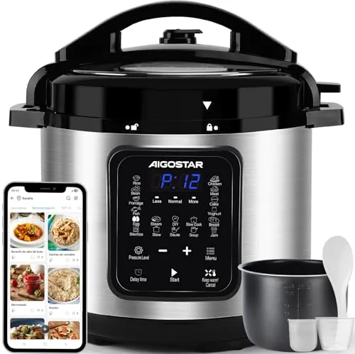Aigostar Olla Eléctrica Programable Multifunción 6 litros, 18 Menús, Programable 24 horas, Panel LED Táctil, Recipiente Extraíble Antiadherente, Temperatura ajustable, Presión ajustable, 1000W
