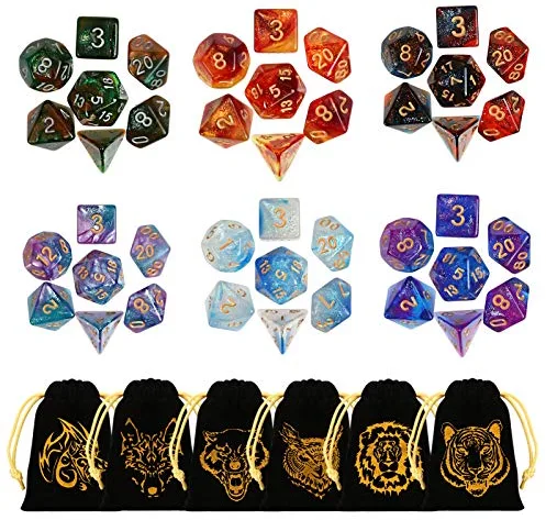GWHOLE 6 Conjuntos Dados de rol（42 Piezas） Dado Poliédrico Professional para Juegos de Mesa, Dungeons y Dragons DND RPG MTG Juegos de rol con Bolsa Negra Portátil