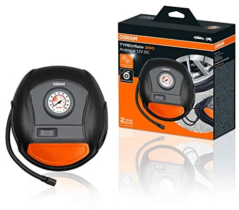 OSRAM TYREinflate 200, inflador de neumáticos analógico, compresor de aire portátil de 12V para neumáticos de coche, conexión de alimentación mediante mechero, inflado de neumáticos en 4,5min