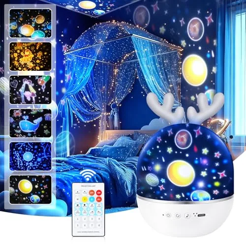 URAQT Lámpara Proyector Estrellas, Proyector Bebe, 360° Rotación Músic Lampara con Control Remoto, Romántica Luz de La Noche para Cumpleaños, Navidad, Halloween