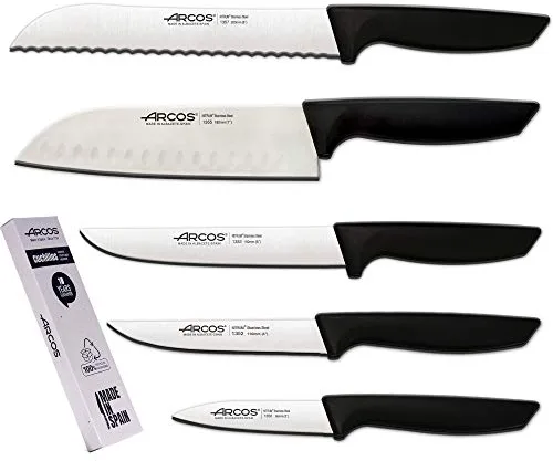 Arcos Juego Cuchillos Cocina Profesionales| Cuchillos Cocina Profesional | Cuchillos Acero Inoxidable Mango Negro | utensilios de cocina | cuchillo japones Santoku | lavavajillas (5 Piezas)