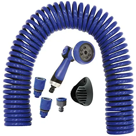 S&M 590078 – Kit de manguera helicoidal azul 15 metros (9 mm diámetro) + pistola multifunción 8 chorros + automático rosca hembra con adaptador ¾”-½” + 2 conectores rápidos + soporte colgador