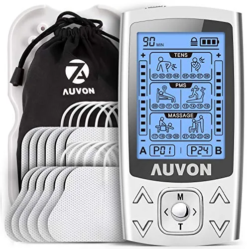 AUVON 3-en-1 Electroestimulador muscular de 24 modos, con función TENS, EMS y masaje, para aliviar el dolor muscular y fortalecer los músculos, 2 Canales, 12pcs 2