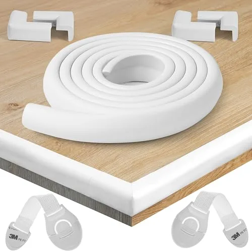 Happy Chlea Protector Esquinas Bebé – Kit 2,4 m Cobertura Total con 4 Esquineras y 1 Rollo Protector de Bordes + 2 Cierres de Seguridad para Cajones, Protección Infantil para Mesa y Muebles