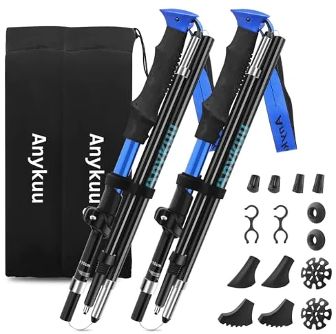 Anykuu 7075 Bastones de Senderismo de Aleación de Aluminio 2pcs y EVA Bastones Trekking Bastones Marcha Nordica Plegables Ajustar la Longitud 110-130CM para Senderismo Viaje Alpinismo Trail