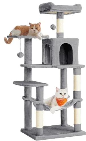 Feandrea Árbol para Gatos, Altura 143 cm, Torre de Gatos, con 4 Postes Rascadores, 2 Plataformas, 1 Cueva, 1 Hamaca, 2 Pompones, Tela de Felpa, Multinivel, Gris Claro PCT161W01