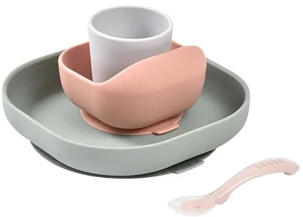 BÉABA, Set Vajilla Silicona Comida Bebé, Con Ventosa, Antideslizante, 4 Piezas, Plato + Bol + Vaso + Cuchara, Silicona Sana y Duradera, Apto Lavavajillas, Microondas, Eucalipto