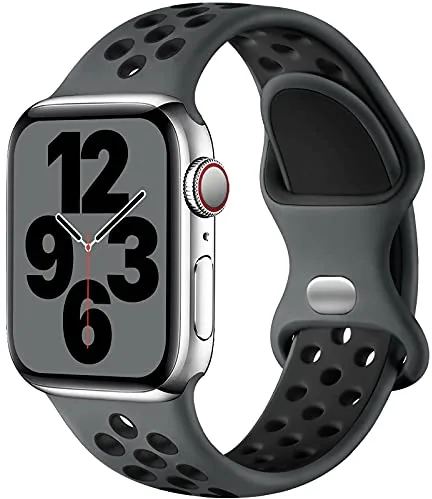 Upeak Silicona Correa Compatible con Correa Apple Watch 44mm 45mm 46mm 42mm 49mm, Pulsera Transpirable con Hebilla de Doble Agujero, para iWatch Series 10 9 8 7 6 5 4 3 2 1 Ultra SE, L, Carbón/Negro