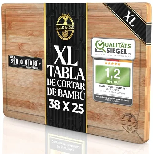 Deer & Oak Tabla de Cortar de Bambú 38x25x2 cm – Tabla de Cocina Sostenible para Carne, Verduras o Pan, Madera Preengrasada y Atractiva