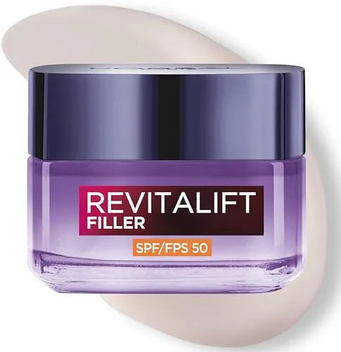L'Oréal Paris Revitalift Filler Crema de Día Rellenadora con Protección Solar SPF 50, Anti-edad y Anti-arrugas, Con Ácido Hialurónico. Inspirado en Cosmética Coreana. Acabado no graso, 50ml