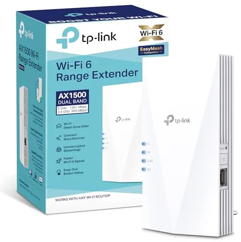 TP-Link RE500X - WiFi 6 Repetidor, AX1500 WiFi, Puerto Ethernet Gigabit 10/100/1000 Mbos, Compatible con Todos los Routers, Negro, AX1500