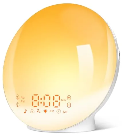 Despertador Luz, Wake Up Light LED Simulación de Amanecer y Atardece, 2 Alarmas, 20 Niveles Brillo, 7 Luces de Colores 7 Sonidos Naturales, Función Snooze, Radio FM, Infantil