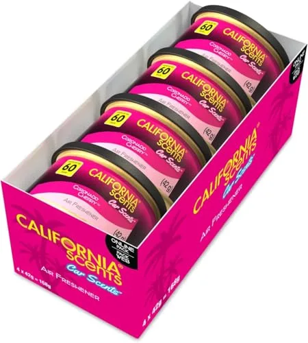 California Scents Ambientador de coche en Lata Premium - 4 Pack (Hasta 60 Días)- Fragancia Duradera de Cereza - Control de Intensidad de Olor para un Ambiente Fresco y Personalizado en tu Coche, 42g