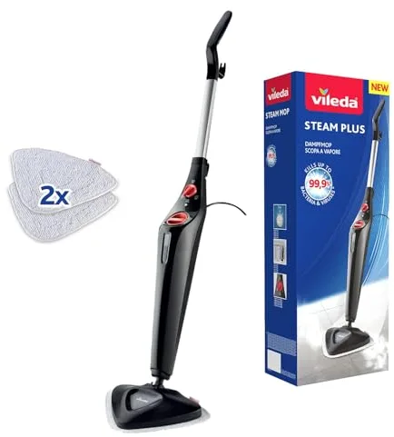 Vileda Steam PLUS, Mopa a Vapor, Rendimiento de Limpieza Higiénico, Elimina hasta un 99,9% de bacterias, Ideal para alfombras y tapetes, para Todos Tipo de Suelos, Sin Utilizar Productos Químicos