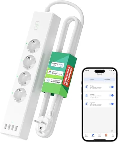 Meross Regleta Inteligente WiFi Inteligente con 4 Enchufes y 4 Puertos USB, Función Temporizador de Protección contra Sobrecarga, Compatible con Alexa, Google