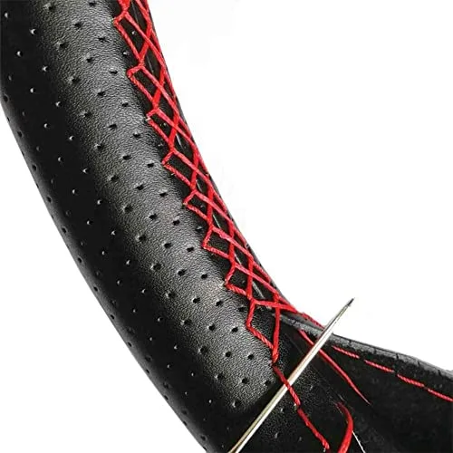 AUTOZOCO Funda para Volante con Agujas E Hilo, Cubierta para Volante, Protector Volante para Coser, Funda Volante Anti Deslizante, Apto para diámetro 37/38 cm, Negro con Hilo Rojo