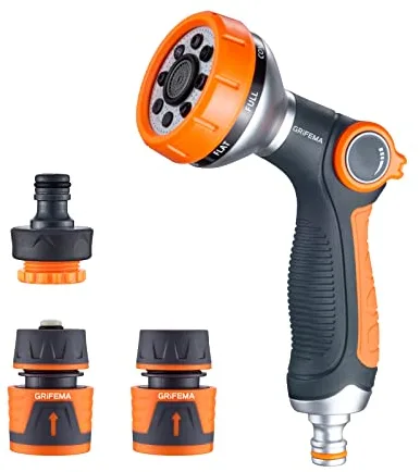 GRIFEMA, GE1303-1 Pistola de riego, Pistola Agua Jardin Pistola manguera, 8 Patrones Ajustables, Pistola de manguera con Interruptor de pulgar para riego de Césped, Negro
