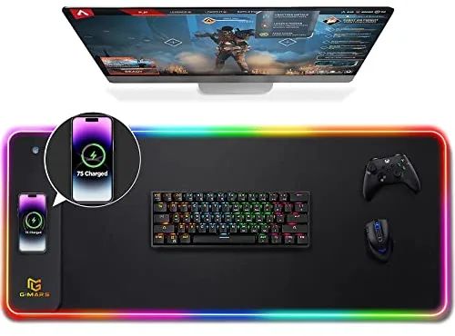 Gimars Alfombrilla Ratón Gaming RGB con 15W Carga Inalámbrica, 800×300mm Mousepad XXL con 10 Modos Iluminación LED, Tapete Rato Impermeable Base Antideslizante para Escritorio Oficina Gamer