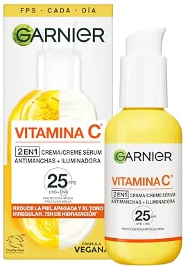 Garnier SkinActive Vitamina C 2 en 1 Crema Sérum Antimanchas Iluminadora FPS 25. Reduce manchas oscuras y corrige el tono irregular con 72 h de hidratación. Protección Media FPS25, 50 ml
