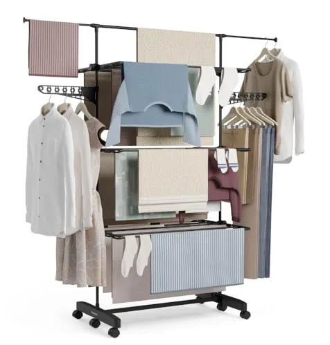 NEWLUX-Tendedero Vertical Plegable XXL Fold Care V60 Negro con Ruedas, 5 Niveles Dobles y 18-21m de tendido. Tendedero Plegable con Soporte para perchas y prendas largas de 1,5m. Ideal como perchero