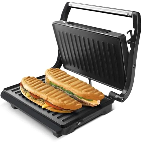 Taurus Amazing - Sandwichera eléctrica GR1700 700W, Placas grill antiadherentes, Placa superior auto ajustable, Cool touch, Calentamiento rápido, Sistema de bloqueo, Almacenaje vertical, Gris