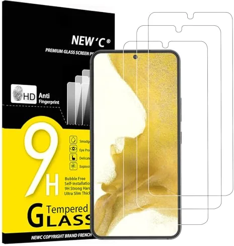 NEW'C 3 Piezas, Protector Pantalla para Samsung Galaxy S22 5G, Antiarañazos, Antihuellas, Sin Burbujas, Dureza 9H, 0.26 mm Ultra Transparente, Vidrio Templado Ultra Resistente