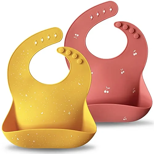 Moonkie Baberos Bebe (2 PCS), Baberos Bebe Impermeables, Babero Silicona Bebe, Sin BPA, Suaves y Cómodos, Tamaños Ajustables, Babero para Bebés y Niños(Rojo claro/Amarillo oscuro)