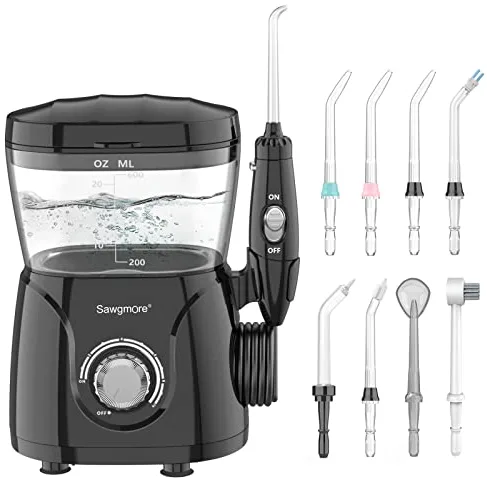 Sawgmore Irrigador Dental, Irrigador Bucal Profesional con 8 Boquillas Multifuncionales, 10 Ajustes de Presión del agua, Capacidad de 600ml, Limpieza Dientes, Aprobado por la FDA/CE Negro