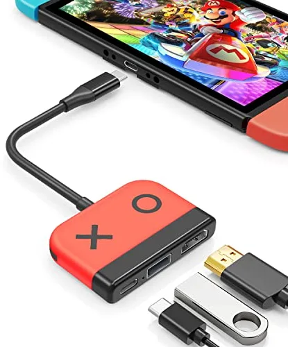 Tendak Adaptador 3 en 1 USB C Hub con Puerto de Carga PD, USB 3.0, Tipo C a HDMI Convertidor 4K TV Adaptador para Nintendo Switch/Switch OLED, MacBook Pro (Rojo)