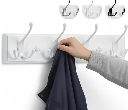 LARHN Perchero Pared Blanco - 4 Colgadores Triples - 42 cm - Percheros Pared de Diseño para Recibidores, Entradas, Dormitorios Modernos, Habitaciones Infantiles y Baños