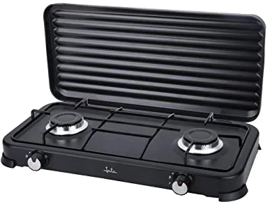 Jata JECG2702 Cocina de Gas portátil de 2 fuego con parrilla, Apta para butano y propano, Tapa protectora extraíble, Ideal para camping, Ocupa poco espacio
