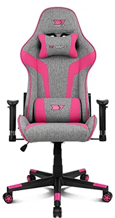 Drift Gaming DR90 – Silla gaming ergonómica con reposacabezas y lumbar, respaldo reclinable 135°, brazos 2D ajustables, tejido transpirable, base de nylon y pistón de gas clase 4 – Gris/Rosa
