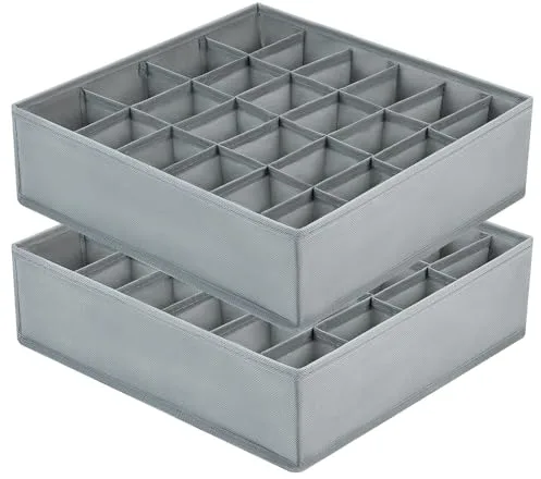 DIMJ Organizador Cajones, 24 Celdas Plegable Organizador Ropa Interior, Organizadores de Cajones No Tejidos, Separadores de Cajones Para Ropa Interior, Calcetines, Gris Claro