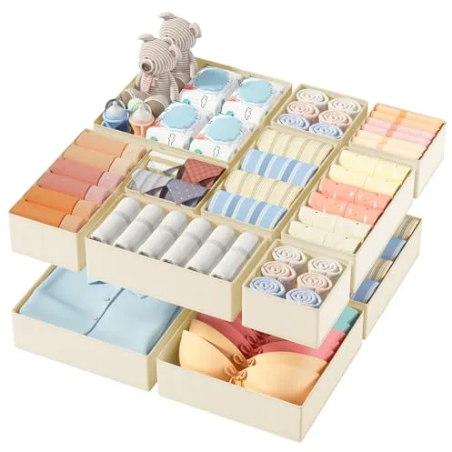 DIMJ Organizador Cajones Juego de 12 Cajas Almacenaje Plegables de Tela Para Guardar Ropa, Organizadores de Cajones No Tejidos, Calcetines, Ropa Interior, Beige Sólido
