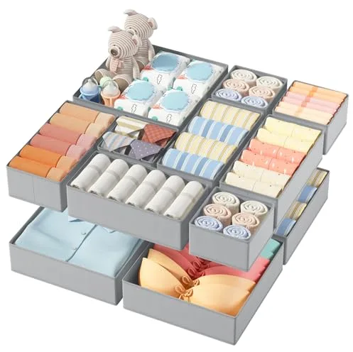 DIMJ Organizador Cajones Juego de 12 Cajas Almacenaje Plegables de Tela Para Guardar Ropa, Organizadores de Cajones No Tejidos, Calcetines, Ropa Interior, Clásico Gris