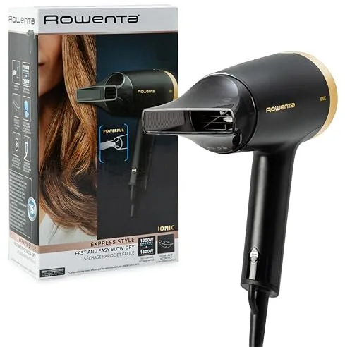 Rowenta Express Style - Secador de pelo para viaje de 1600W, función Eco, tecnología avanzada, reduce encrespamiento, 220-240V, golpe de aire frío, incluye concentrador, negro y dorado, CV1811