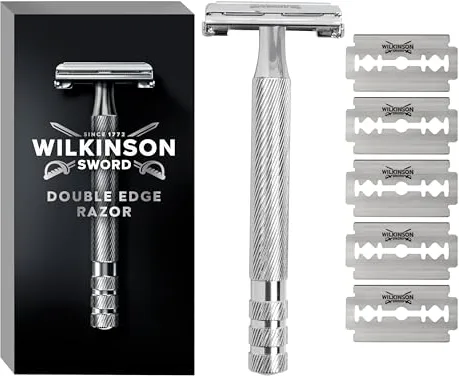 Wilkinson Sword Classic Premium - Máquina de Afeitar Vintage de Acero Cromado para Hombre + 5 Hojas de Afeitar de Doble Filo